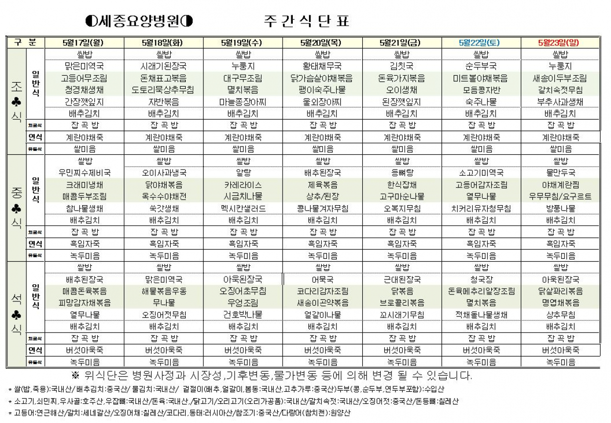 세종요양병원 5월 3째주 식단표 (5/17~5/23) 첨부이미지 : 5ㅇ.JPG