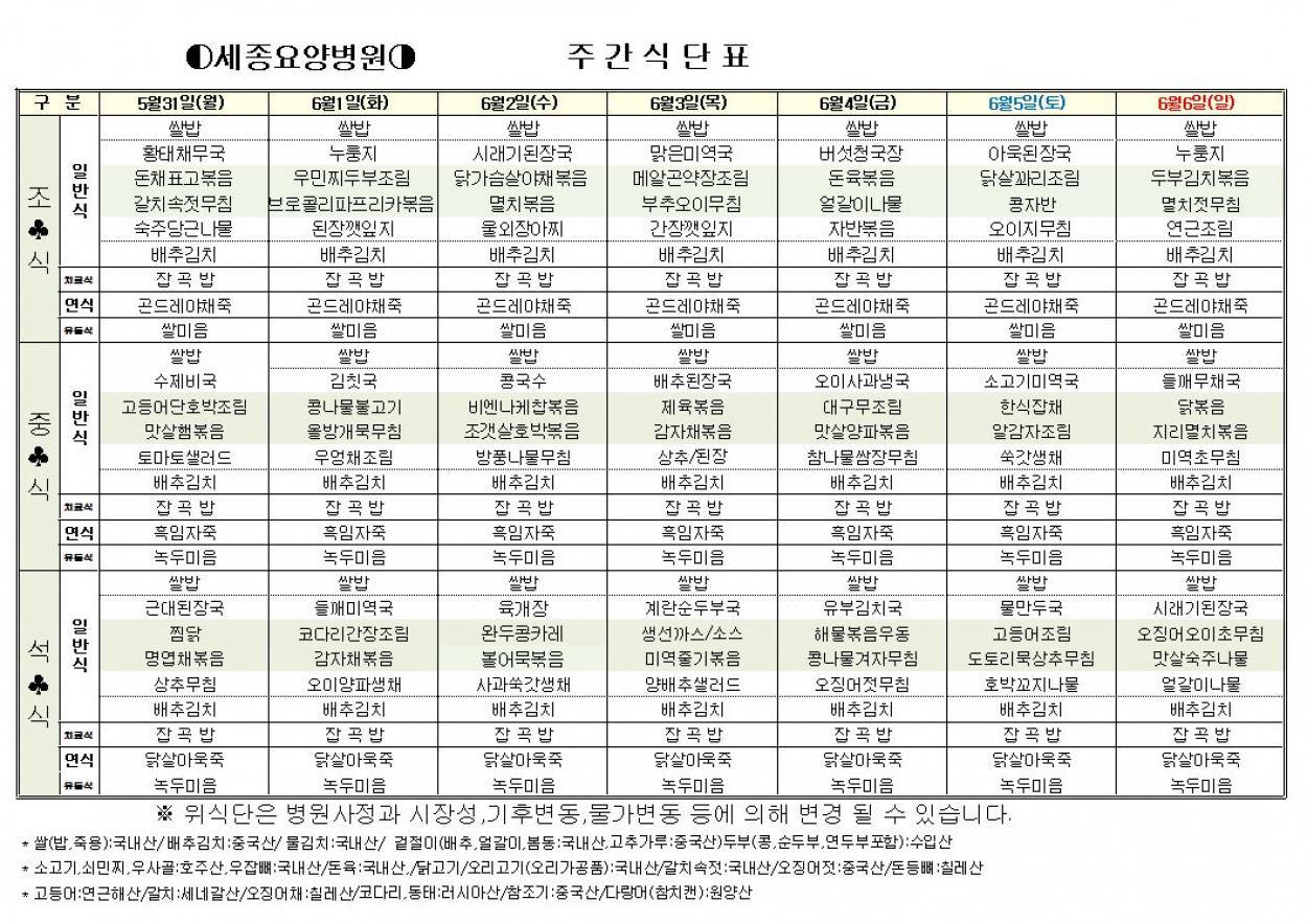 세종요양병원 식단표 (5/31~6/6) 첨부이미지 : 6-1.JPG