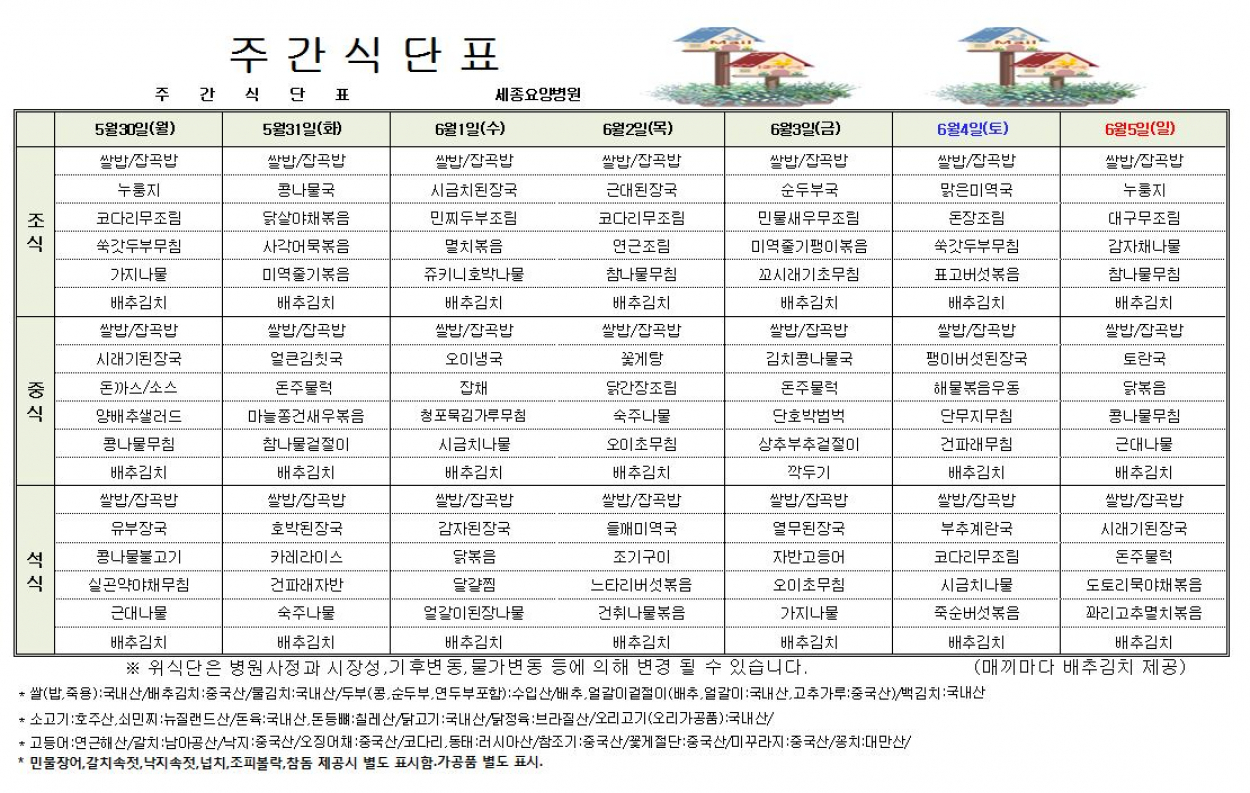 세종요양병원 22년 5월 다섯째주 식단표 첨부이미지 : 5월 5주차 식단표.JPG