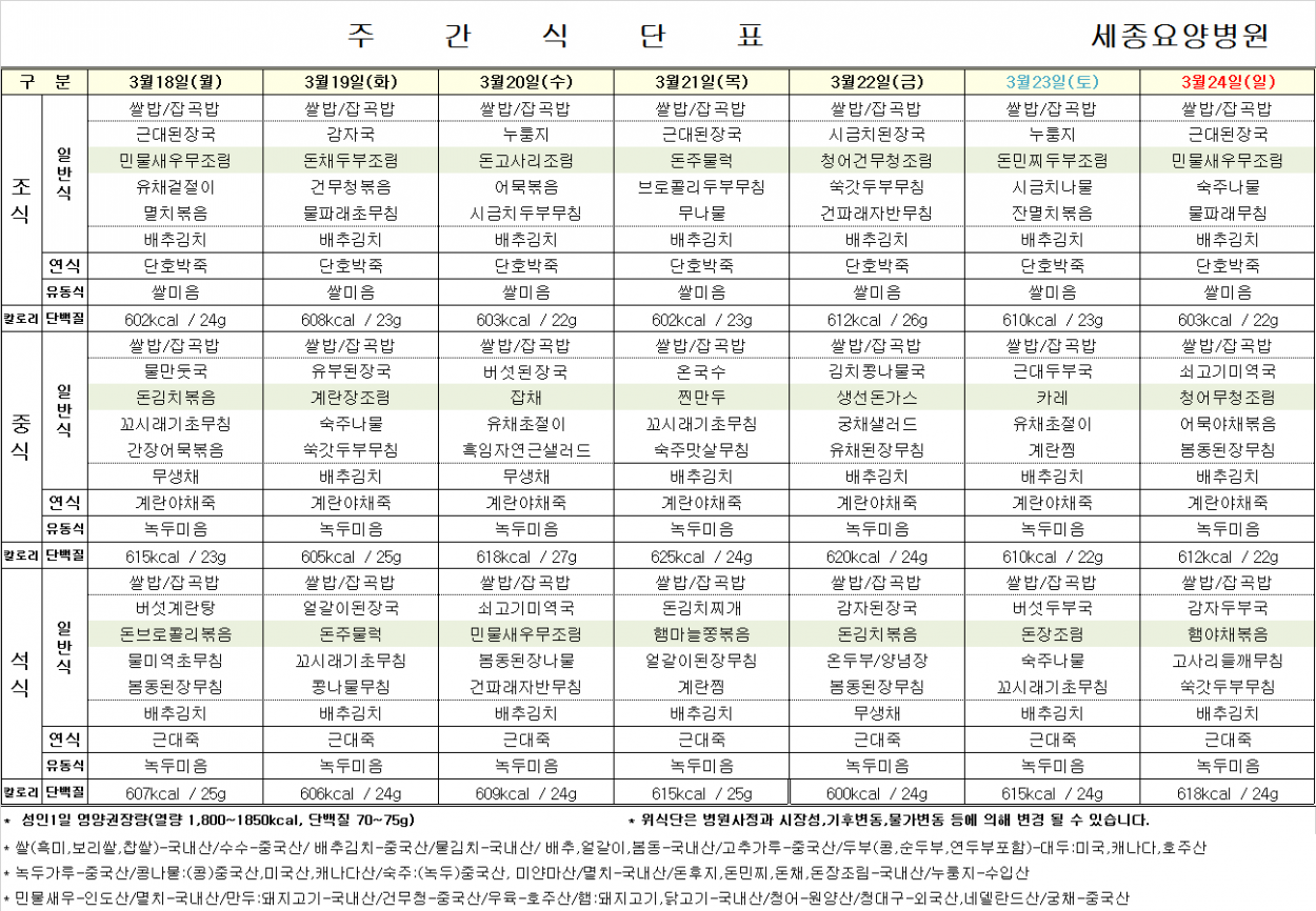 세종요양병언 24년 3월 넷째 주 식단표 첨부이미지 : 식단표.png