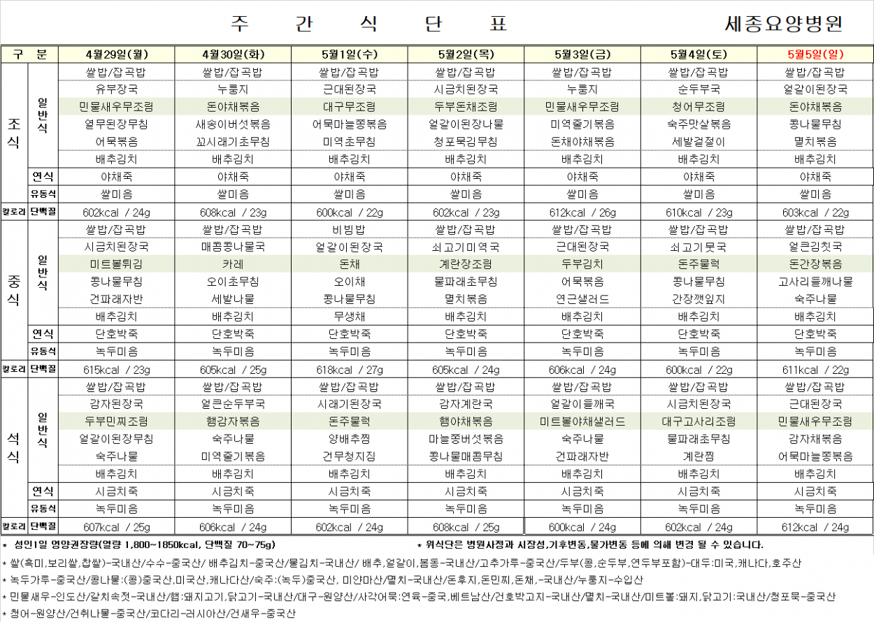 세종요양병원 24년 4월 다섯째 주 식단표 첨부이미지 : 식단표.png