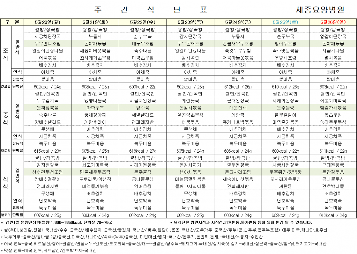 세종요양병원 5월 넷째 주 식단표 첨부이미지 : 식단표.png