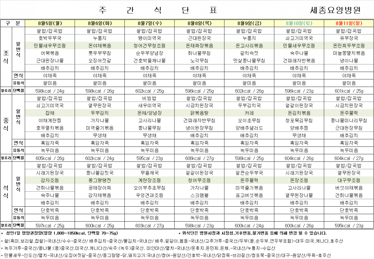 세종요양병원 24년 8월 첫째 주 식단표 첨부이미지 : 식단표.png