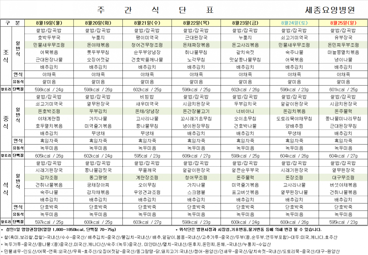 세종요양병원 24년 8월 셋째 주 식단표 첨부이미지 : 식단표.png