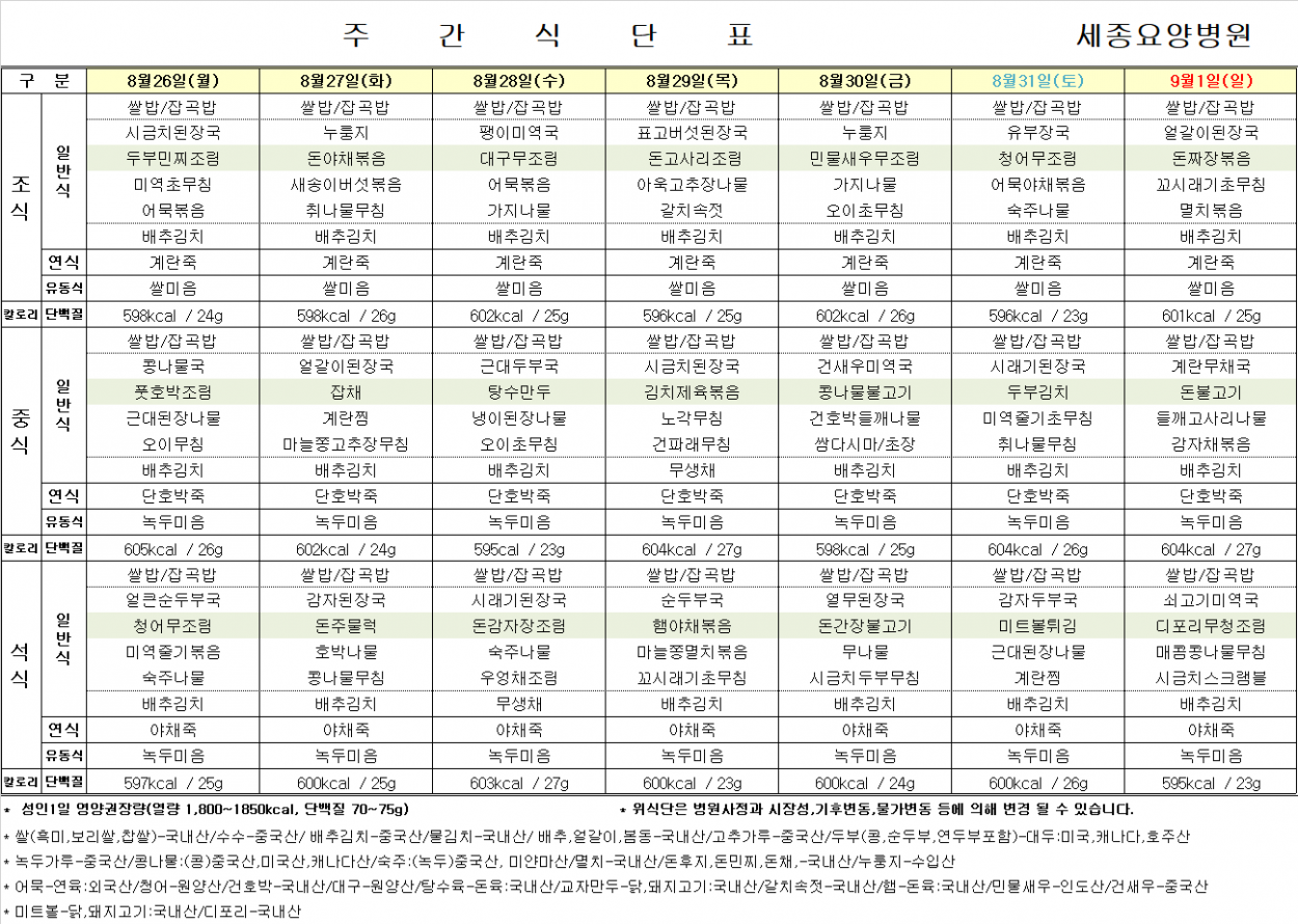 세종요양병원 24년 8월 넷째 주 식단표 첨부이미지 : 식단표.png